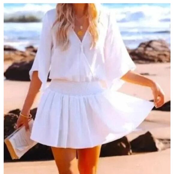 Miou Muse 3/4 Sleeve Surplice V-Neck Cover-Up Mini Dress Gauze White Small - Picture 2 of 8